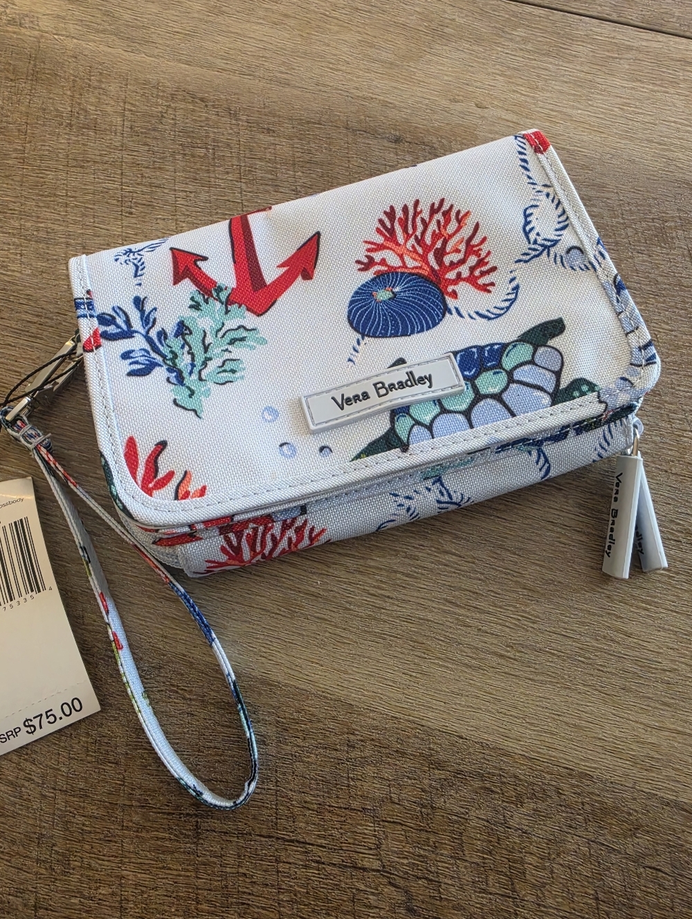 Vera Bradley Nautical Coral Wristlet Wallet in Light Blue with Red Accents